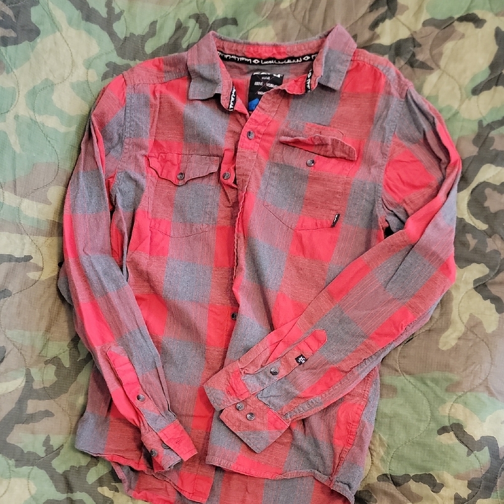 Kavu Red and Gray Casual Button Down Shirt